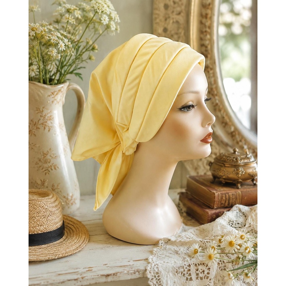 Vintage Butter Yellow Pleated Head Scarf Satin Look Hair Wrap Tie Retro
